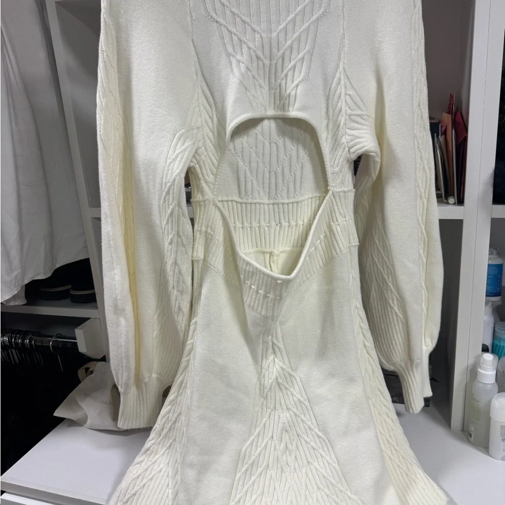 Free People Ivory Knit Mini Dress Open Back Boho Cable Sweater Dress S - Picture 3 of 5